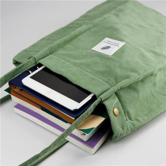 Corduroy Tote Bag for Women Shoulder Purse with Pocket for Work Travel Beach - Picture 4 of 8